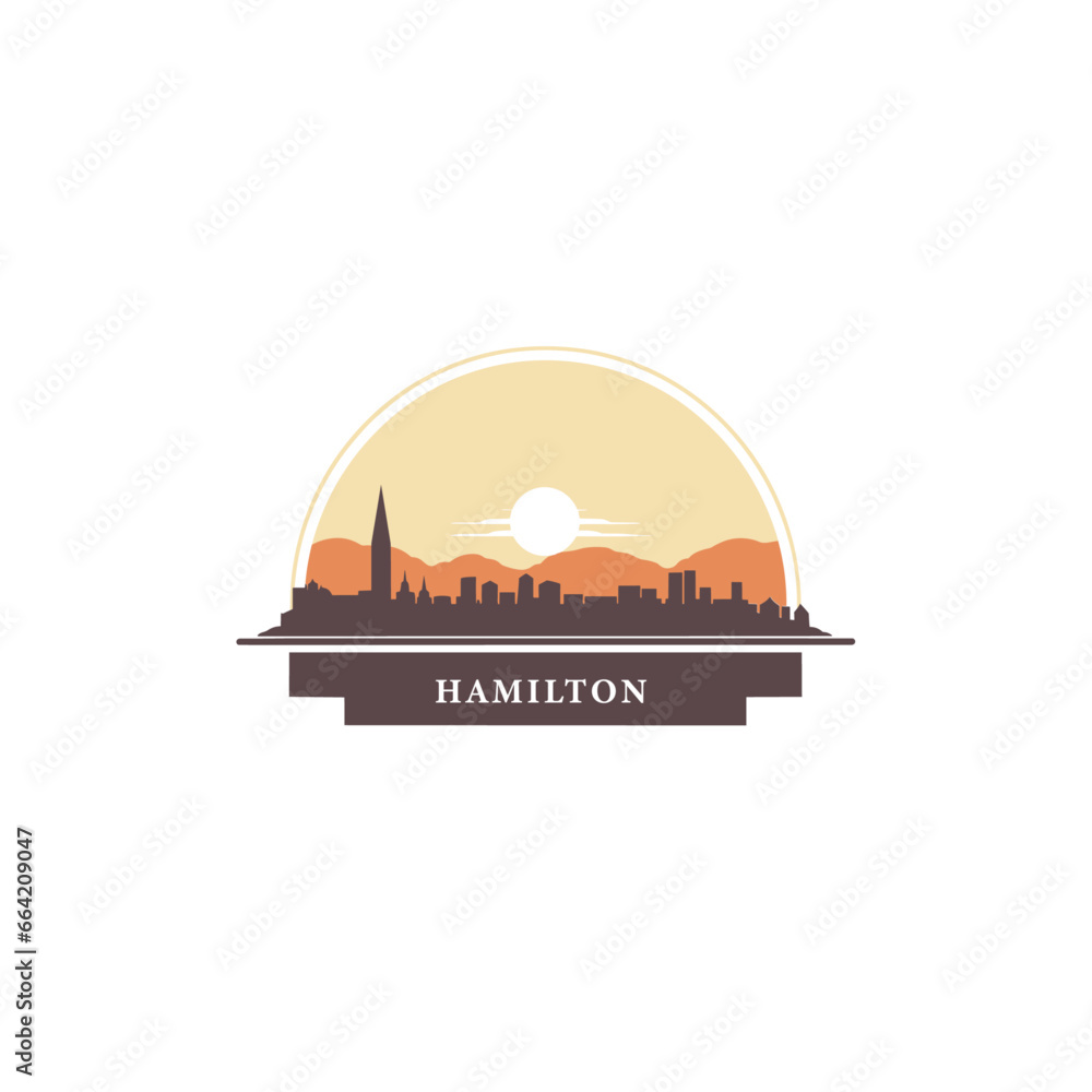 Canada Hamilton cityscape skyline city panorama vector flat modern logo icon. Ontario town emblem idea with landmarks and building silhouettes. Isolated graphic