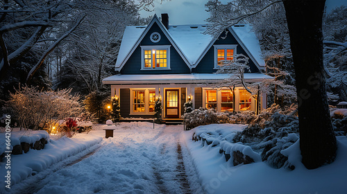 Exterior of Scandinavian house lit by warm lighting in the snow