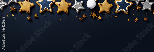 Image of cute star cookies and Christmas ornaments on navy blue background.