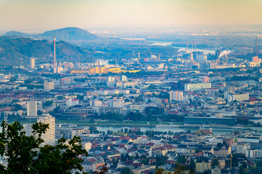panoramic view of the city of linz in upper austria seen from the mountain poestlingberg