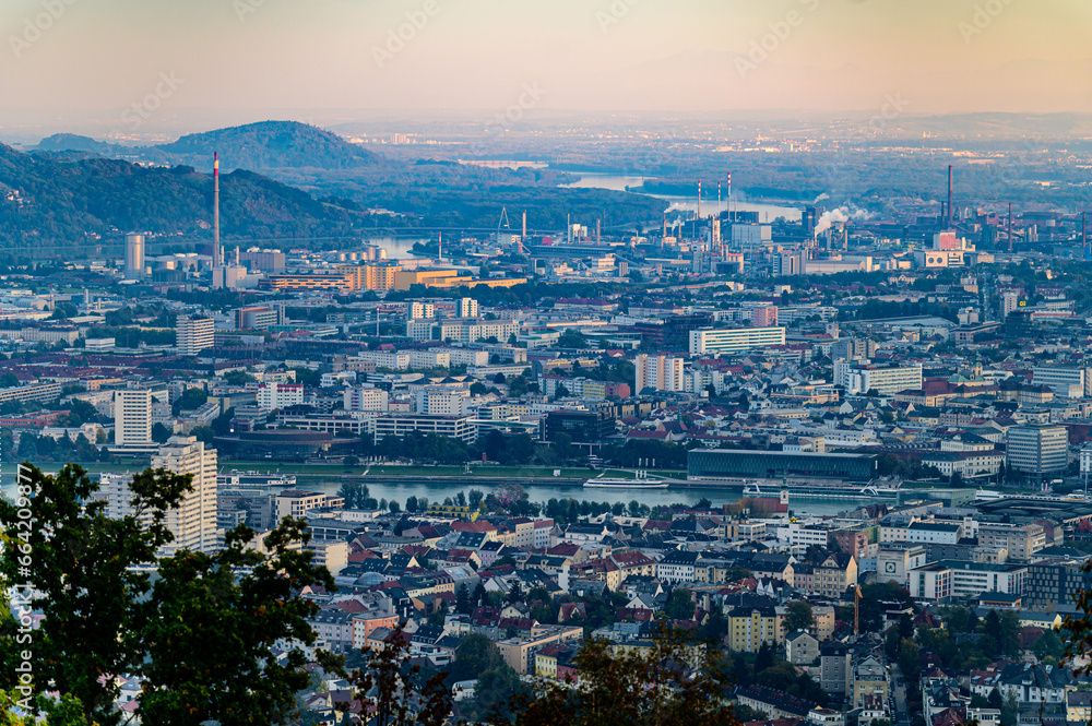 panoramic view of the city of linz in upper austria seen from the mountain poestlingberg