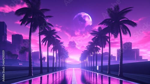 Lo-fi vaporwave aesthetic wallpaper, city skyscrapers, and streets at night in nostalgic pastel purple colors © kasha_malasha