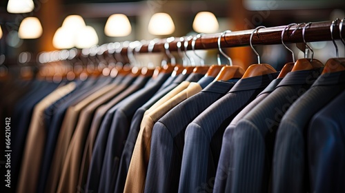 Men's suits on hangers in a store photo