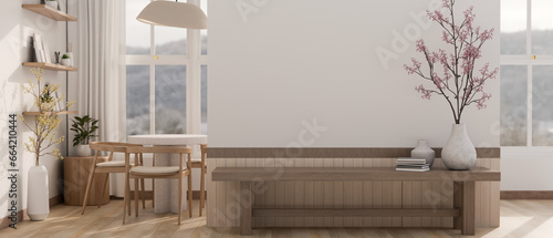 Fototapeta Naklejka Na Ścianę i Meble -  A minimalist Scandinavian spacious living room with a wooden bench against the white wall