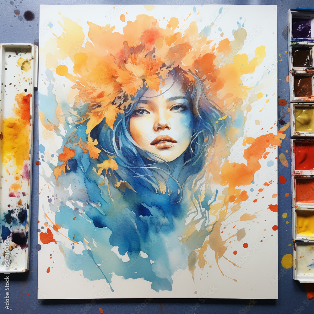  portrait of a woman with watercolor splash background