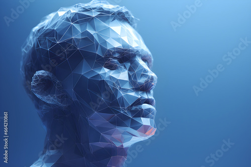 portrait of low poly geometric 3D faceted render of man against a blue background photo