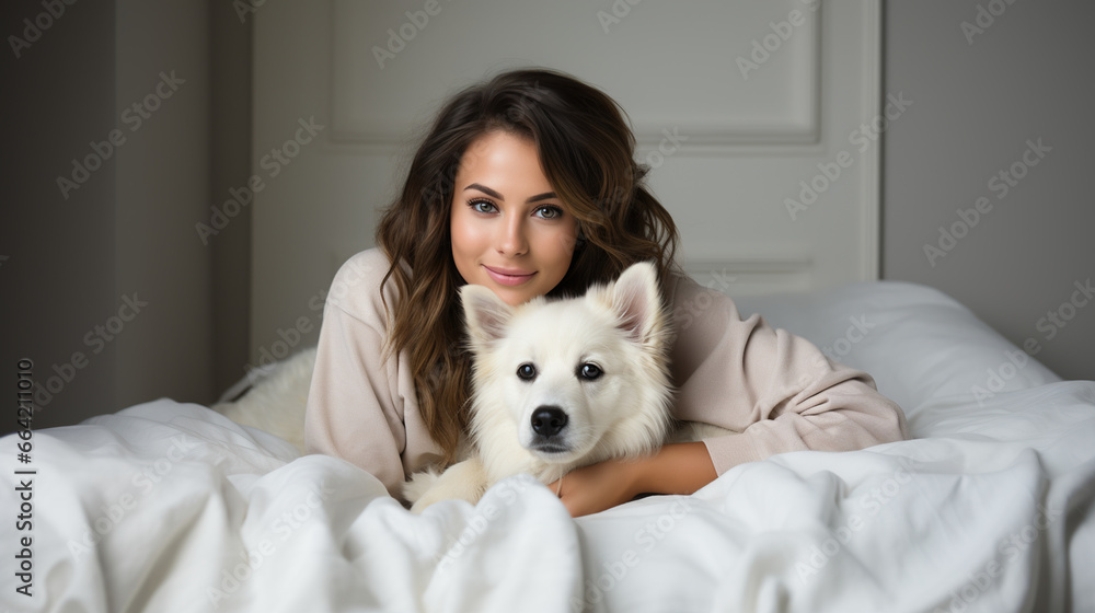 Happy young woman holding frech white bulldog and sitting on bed Happy young woman holding frech white bulldog and sitting on bed