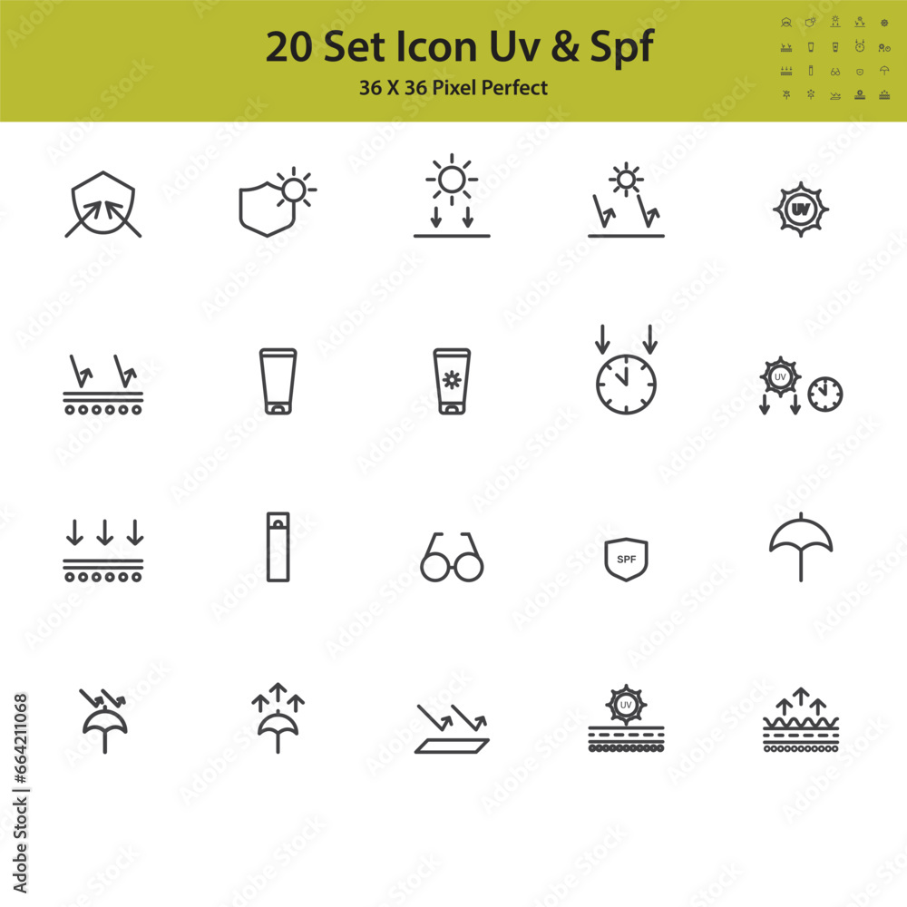 Set of Vector Line Icons Related to Sun Protection. Contains sun glasses, sun protection, sun screen. Strokes can be Edited