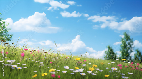 meadow with flowers and blue bright sky
