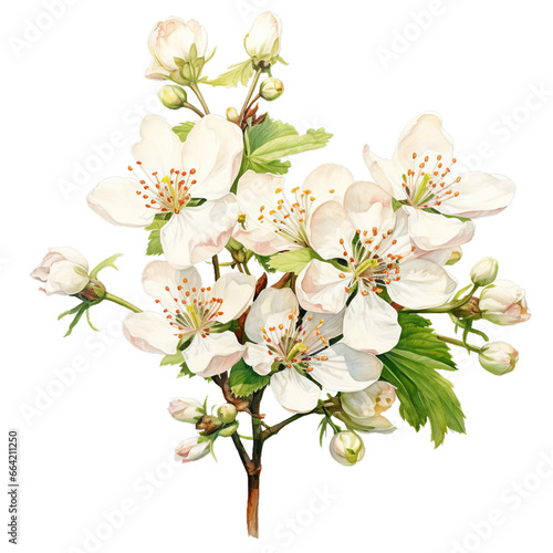 Fototapeta Naklejka Na Ścianę i Meble -  Hawthorn flower watercolor clipart on transparent background. Generative AI illustration