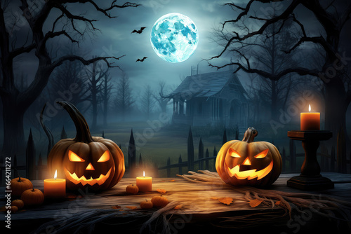 Pumpkin jack lantern adorned with glowing candles set on a rustic table in a spooky forest under the full moon. Perfect for your autumn holiday celebration.