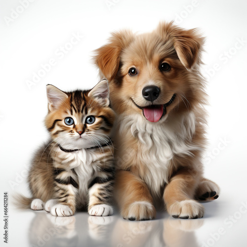 Cute funny dog and cat together on white background
