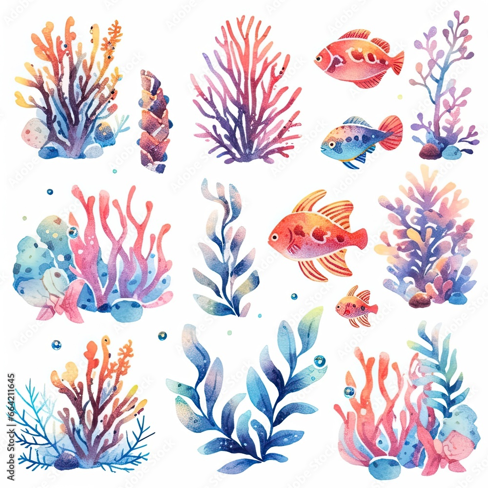 Underwater Sea element in watercolor on the white background.