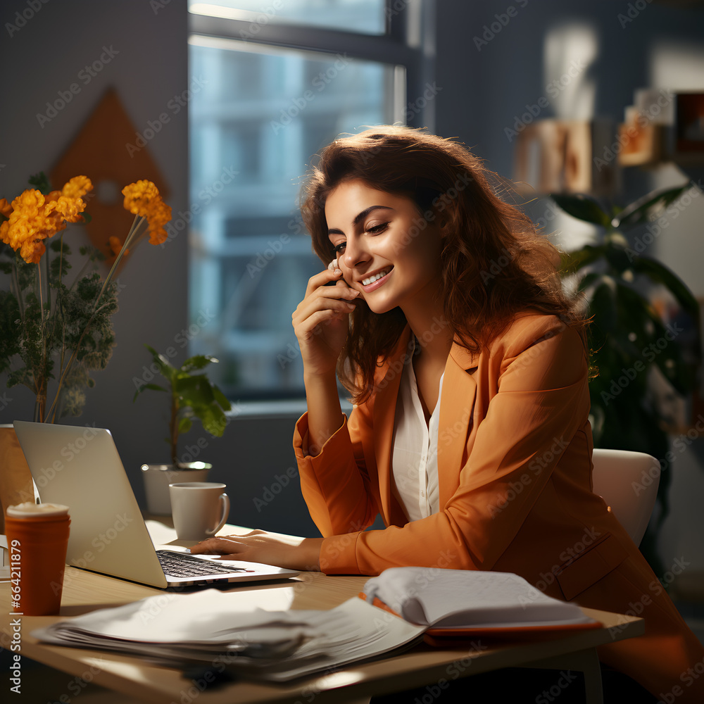 Profile side view portrait of Happy Attractive business lady working on tablet remote distance wear specs shirt plaid blazer demonstrating businesswoman talking on mobile phone while analyzing weekly Profile side view portrait of Happy Attractive business lady working on tablet remote distance wear specs shirt plaid blazer demonstrating businesswoman talking on mobile phone while analyzing weekly