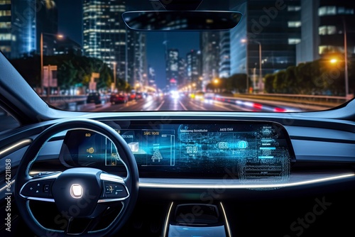 Modern smart car technology intelligent system using Heads up display (HUD) Autonomous self driving mode vehicle on city road with graphic sensor radar signal system intelligent car.