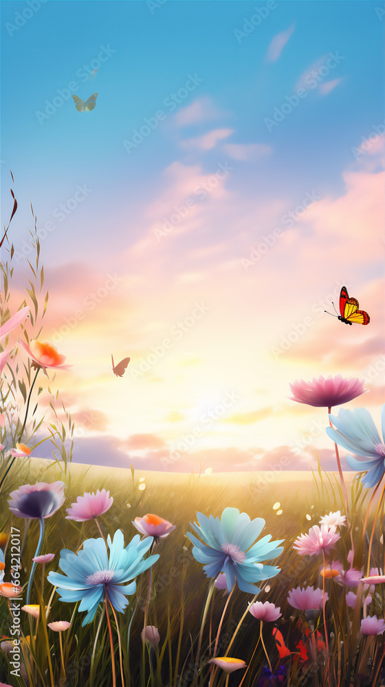 meadow with flowers and sunset or sunrise sky