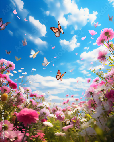 meadow with colorful blossom flowers and butterflies against blue bright sky, spring theme background