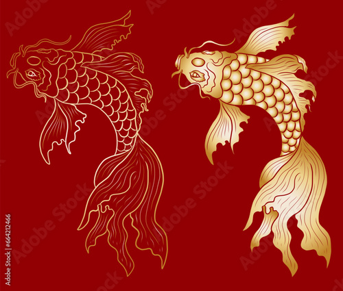 koi carp vector isolate for tattoo.Japanese carp drawing.Hand drawn line art of Koi carp. Vector isolated. Idea for tattoo and coloring books.