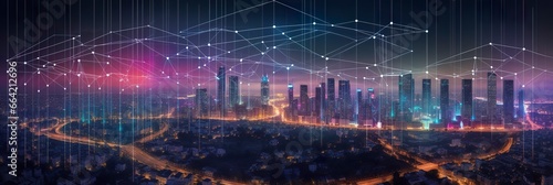 Smart city and abstract dot points connect with gradient lines and aesthetic Intricate wave line design, big data connection technology concept. © Ahasanara