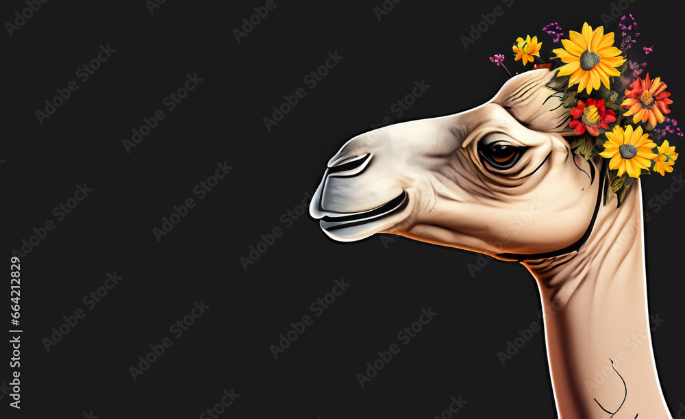 Camel head on black background and flowers