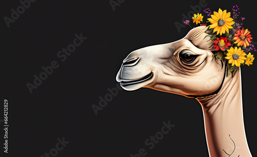 Obraz na płótnie Camel head on black background and flowers w salonie