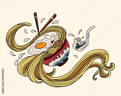 Traditional Japanese ramen and wave for restaurant printing on wallpaper.Ramen vector illustration for doodle art.Sunrise with chopsticks vector for painting on background.