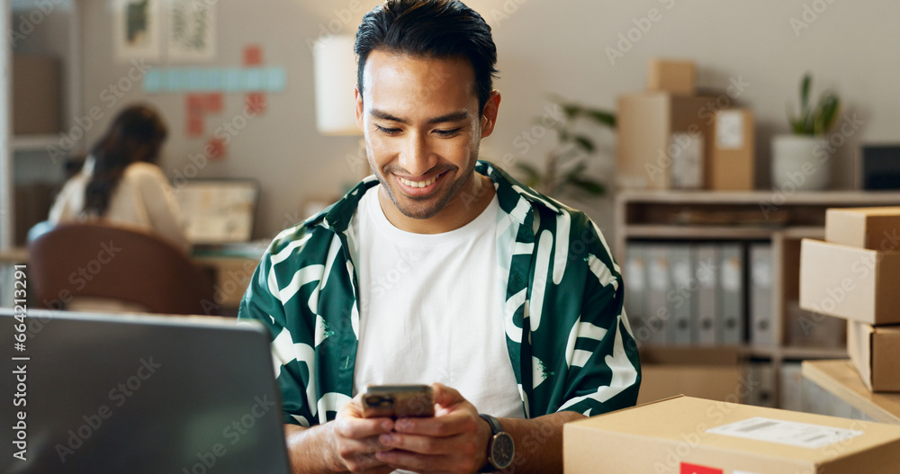 Happy asian man, phone and logistics for communication, social media or online order at boutique. Male person or delivery with smile and mobile smartphone for networking in small business at store - obrazy, fototapety, plakaty 