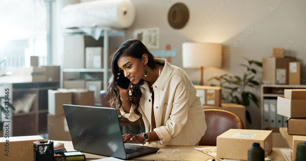© N Felix/peopleimages.com - Woman, phone call and laptop, ecommerce and logistics with communication and small business owner. Shipping, check digital inventory list for delivery and networking with supplier and supply chain