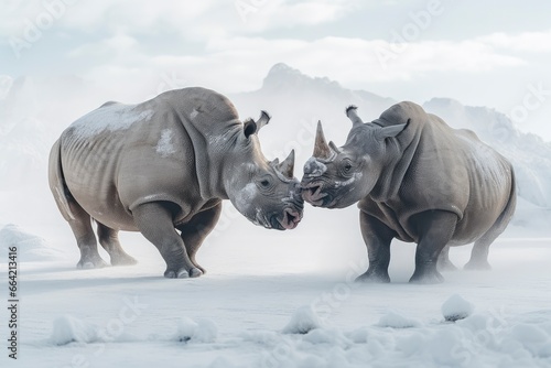 Two Rhinoceros getting ready for fight on Ice. © Ahasanara