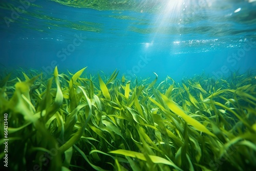 Underwater view of a group of seabed with green seagrass. photo