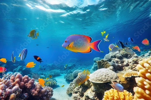 Underwater world with corals and tropical fish. © Ahasanara