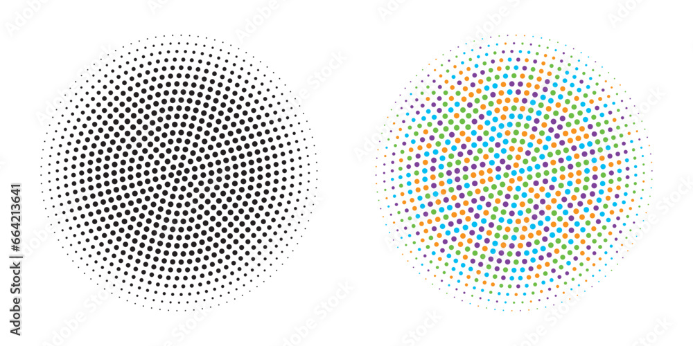 Abstract color dot Circle. Colorful Halftone Illustration. Vector Grunge. Dot Logo. Circle Dots. Gradient Retro. Round Dots. Colorful Bright Abstract Halftone Design Element on black background.
