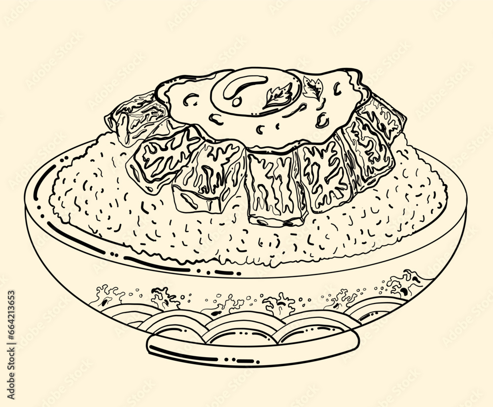 Beef and fried egg on rice bowl.Vector illustration of Japanese food for printing on shirt.Beutiful line art of Asian food for painting on wallpaper at restaurant.Salmon on top rice vector for menu. Beef and fried egg on rice bowl.Vector illustration of Japanese food for printing on shirt.Beutiful line art of Asian food for painting on wallpaper at restaurant.Salmon on top rice vector for menu.
