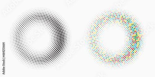 Circular dot frame. Abstract halftone dots pattern. Random color dot lattice. Boarder for design prints. Geometric frames. Round small shape. Bight color ring. Vector illustration