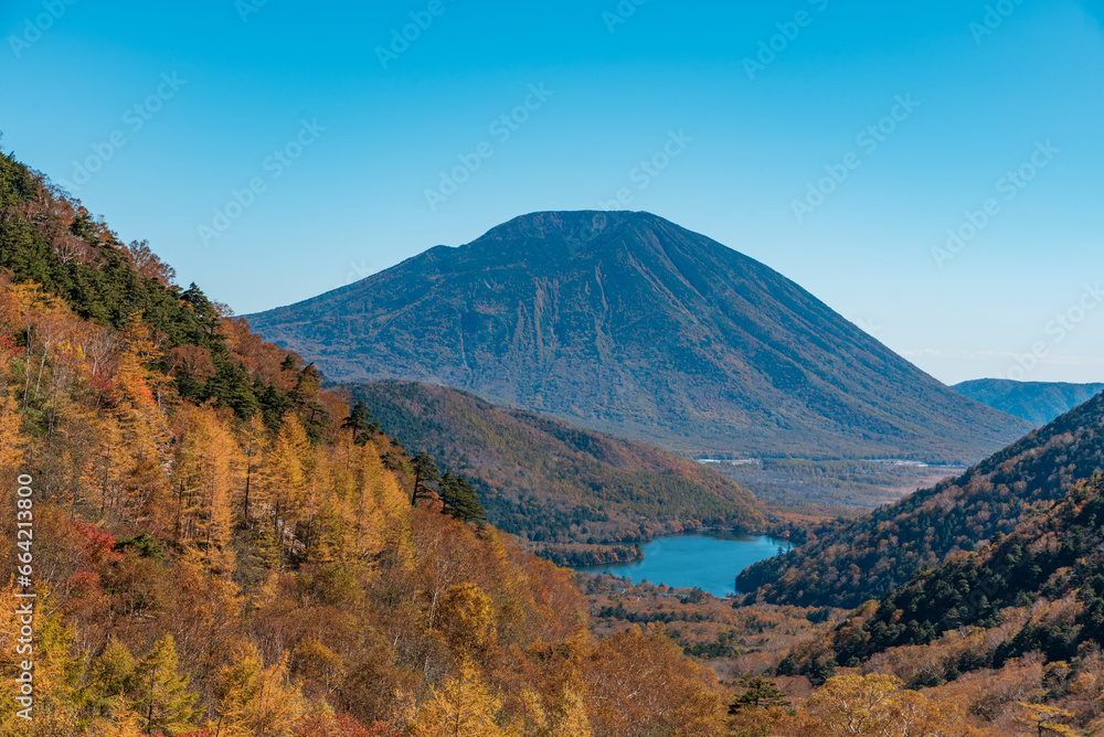 カラマツ色づく金精峠から見える男体山と湯ノ湖