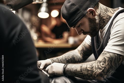 Close up tattoo machine. Tattooing. Man creating picture on his back by a professional tattoo artist