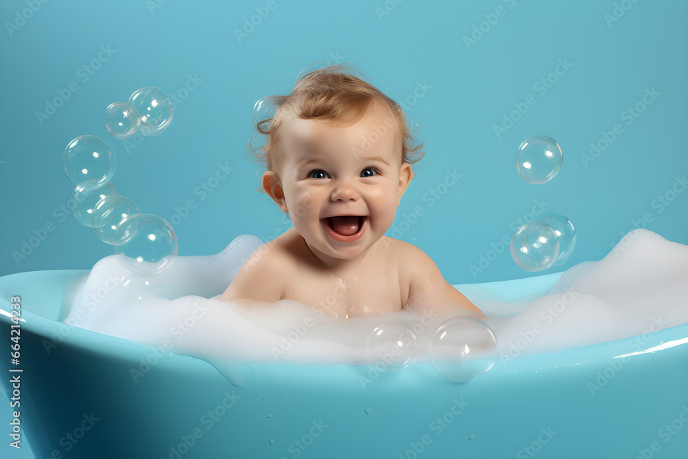 cute baby in bathtub with bubble bath foam on a blue background cute baby in bathtub with bubble bath foam on a blue background