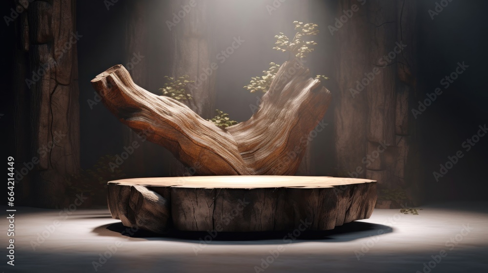 Realistic wooden podium, resembling a cross-section of a tree trunk