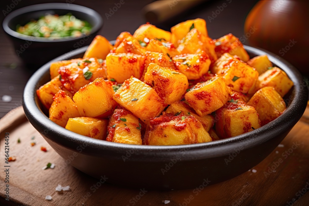 Delicious spanish patatas bravas, fried of potatoes Delicious spanish patatas bravas, fried of potatoes