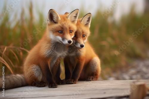 Wild baby red foxes cuddling at the beach. © Ahasanara