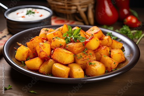 Delicious spanish patatas bravas, fried of potatoes