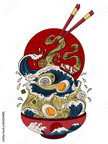 Traditional Japanese ramen and wave for restaurant printing on wallpaper.Ramen vector illustration for doodle art.Sunrise with chopsticks vector for painting on background.