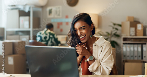 Woman, ecommerce and excited with laptop for sales negotiation, product investment or client growth. Indian, person and happiness for business meeting, profit celebration or logistics target at work
