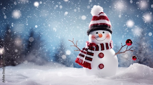 Happy snowman in the winter scenery. © Ahasanara