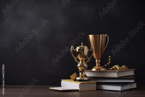 Education symbols, trophy, and books. Empty area. Generative AI