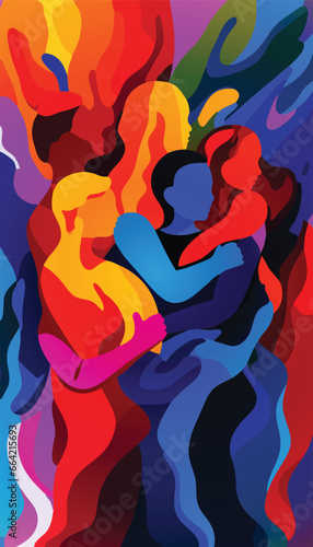 Please Stop War, Stop Fighting, Colorful abstract liquid formed, representing people from different background hugging with love and peace