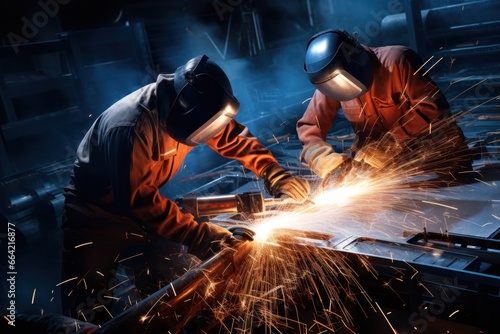 Industrial workers cutting metal on steel structures in a factory.