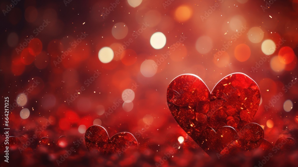 Vivid red hearts shimmer on a textured background, sprinkled with sparkles Vivid red hearts shimmer on a textured background, sprinkled with sparkles