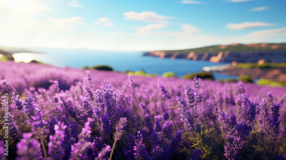 Fototapeta premium Fields of lavender stretch to the horizon, their purple blooms creating a fragrant sea