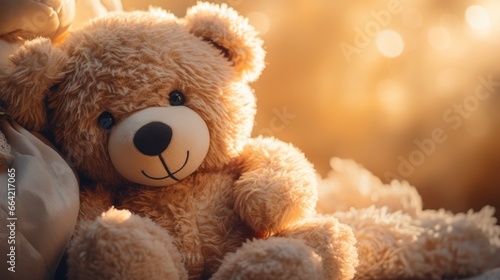 A plush teddy bear sits with an inviting embrace, a symbol of comfort and childhood memories